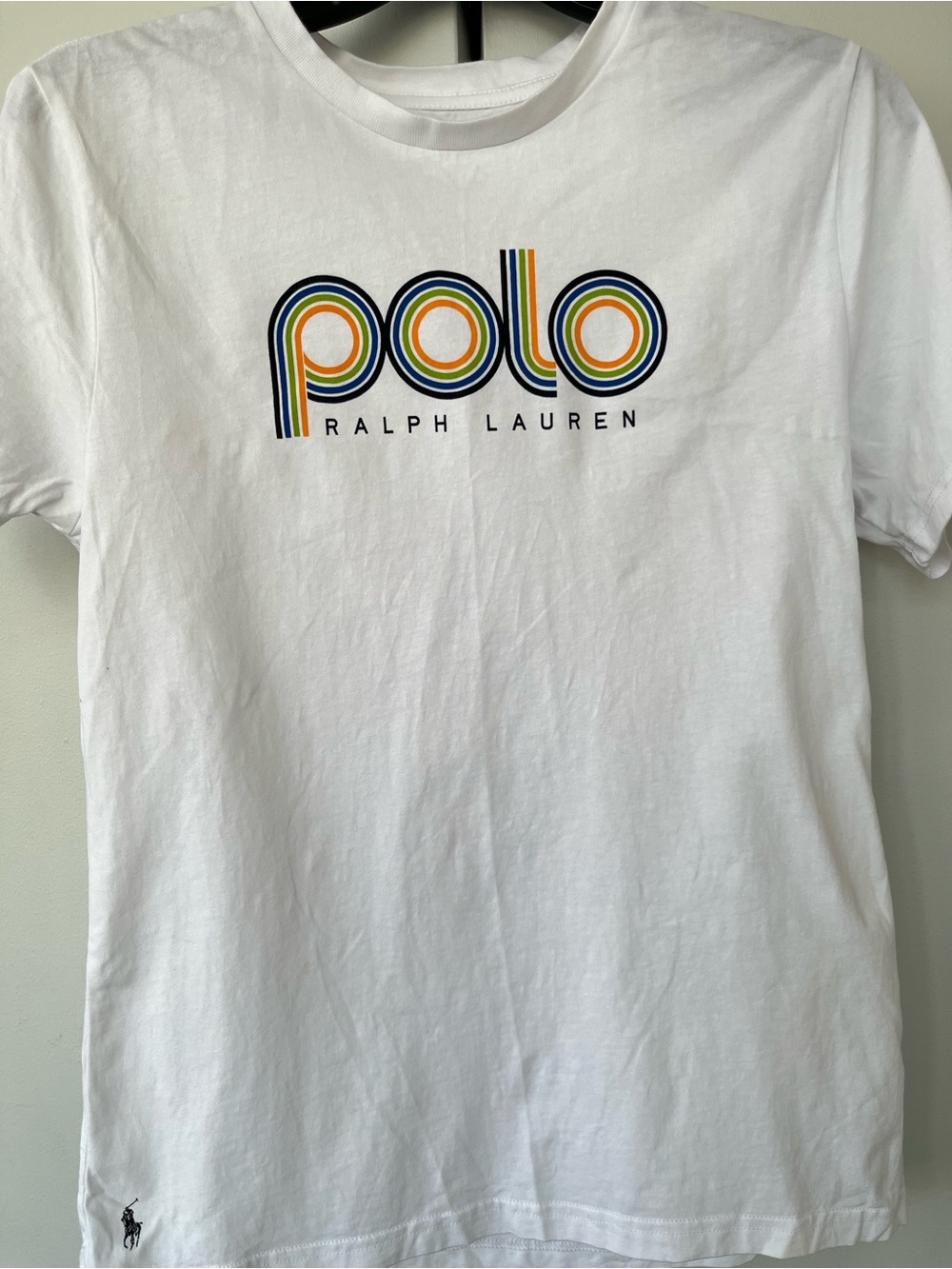 Boys Polo  by Ralph Lauren White Tee with Stripe Logo. Size L(14-16)
